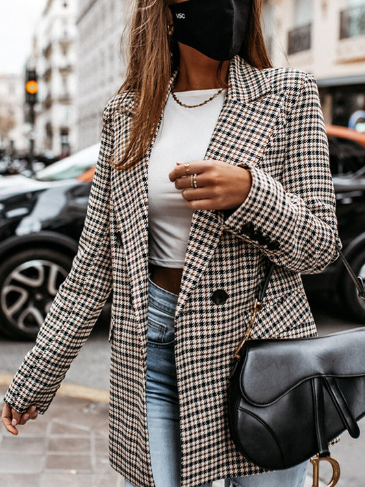 flowersverse Buttoned Houndstooth Long Sleeves Loose Notched Collar Outerwear Blazer