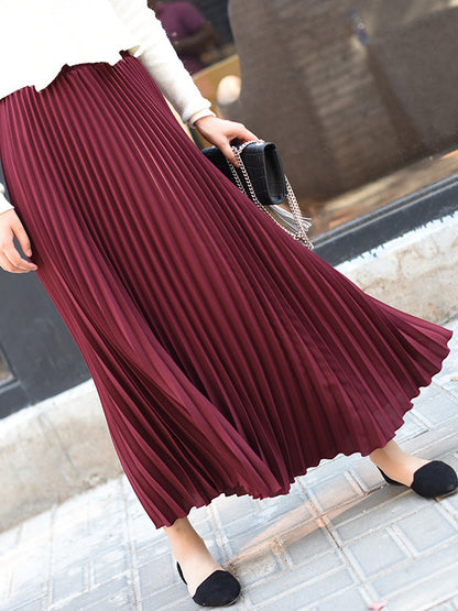 flowersverse Stylish Pleated Solid Color Elastic Waist Skirts