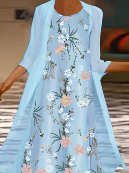 flowersverse Floral Printed Round Neck Long Casual Sky Blue Dress-Two Piece Set