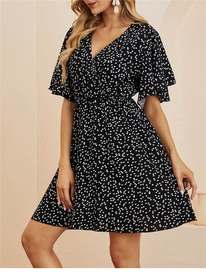 flowersverse Spring Summer Chiffon Dress Women V-Neck Love Dot Print Short Dresses Sweet Ruffle Sleeve Slim Ladies Drawstring Dress