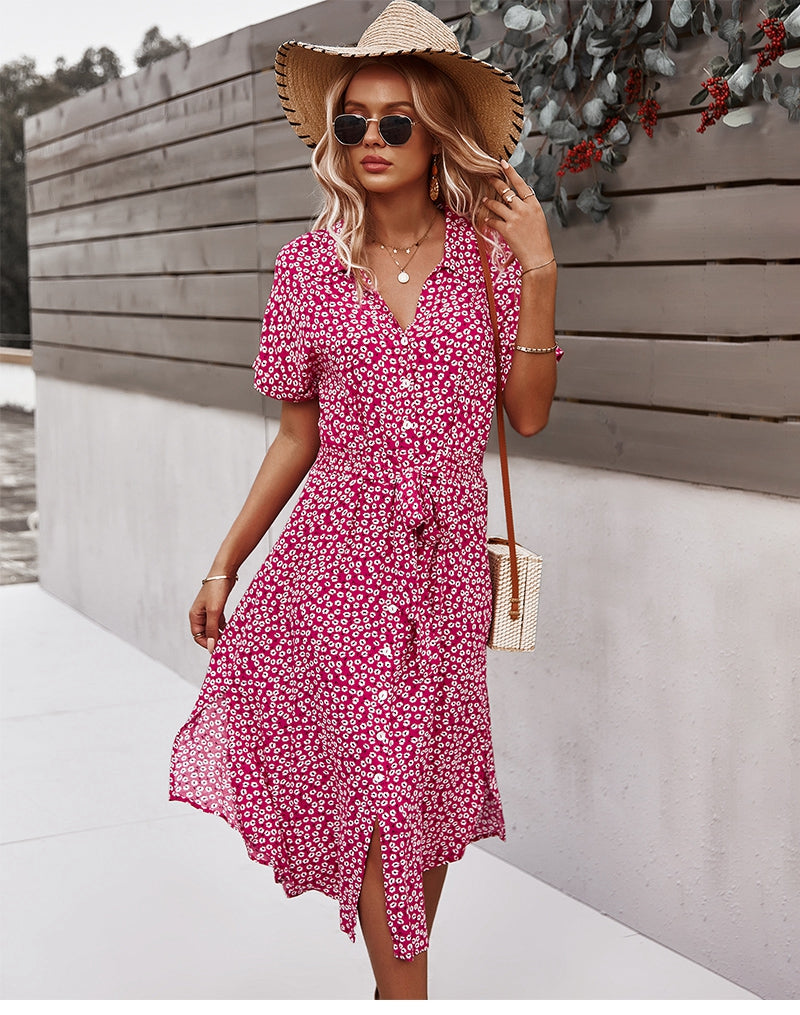 flowersverse Spring Summer Ladies Bandage Dress Women Casual Medium Long Sleeve Button Floral Print Chic Dress