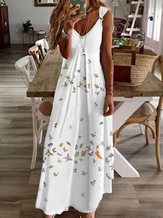 flowersverse Casual Butterfly Sleeveless V Neck Printed Dress