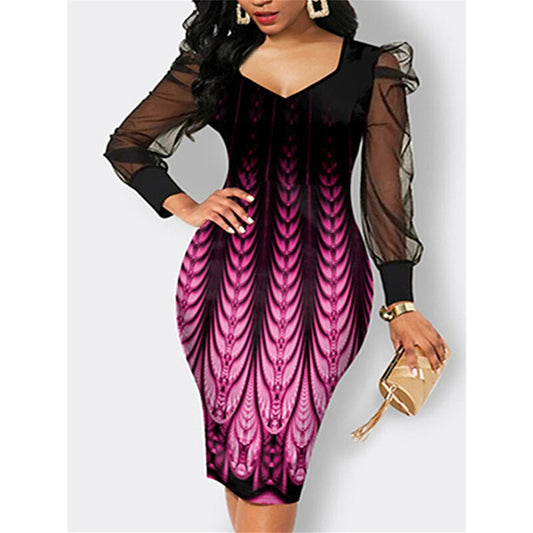 flowersverse Women's Work Dress Sheath Dress Semi Formal Dress Fashion Puff Sleeve Midi Dress Mesh Print V Neck Long Sleeve Graphic Regular Fit Purple Winter Fall S M L XL XXL