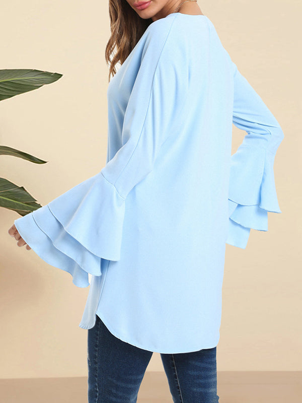 flowersverse Hollow Layered Flared Sleeves Long Sleeves V-Neck Blouses&Shirts Tops