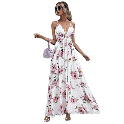 flowersverse Sexy Temperament Dress With White Chiffon Print Suspenders