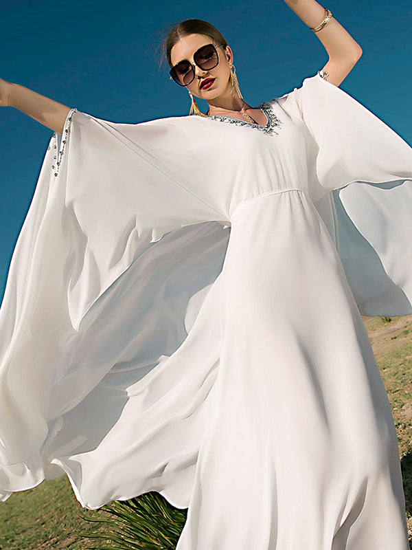 flowersverse White V-Neck Evening Dress