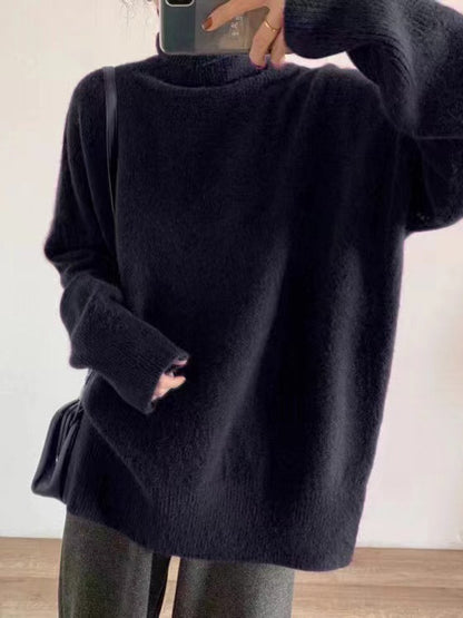 flowersverse Solid Color Split-Side Long Sleeves Loose High-Neck Sweater Tops Pullovers Knitwear