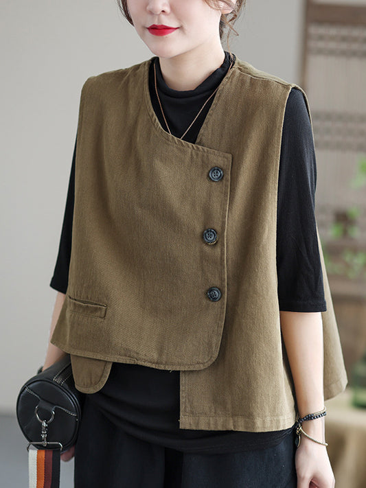 flowersverse Vintage Asymmetric Solid Color Buttoned Vest Top