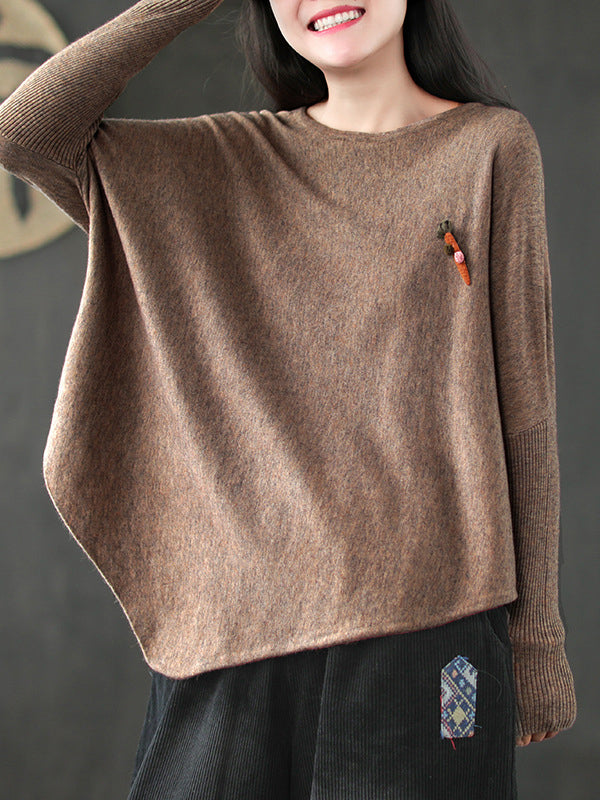 flowersverse Simple Loose Long Sleeves Solid Color Round-Neck Sweater Tops