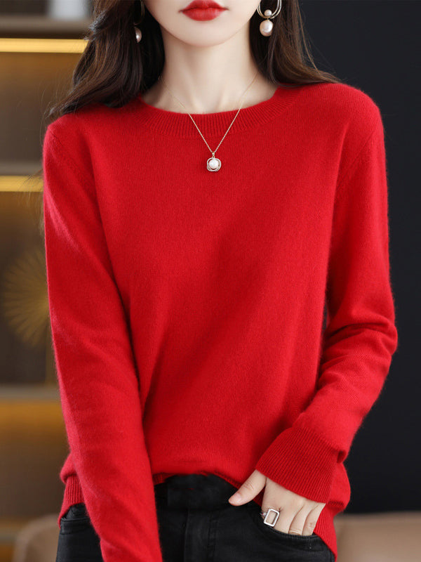 flowersverse Casual Long Sleeves Loose Solid Color Round-Neck Sweater Tops