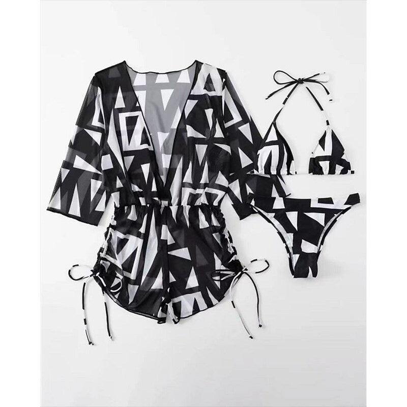flowersverse Women's Swimwear Bikini Normal Swimsuit 3-Piece Printing Leaf Geometic Black Orange Green Bathing Suits Sports Beach Wear Summer