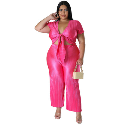 flowersverse Plus Size Women Stretch Lace-Up Top and Pleated Wide-Leg Pants Two-Piece Set