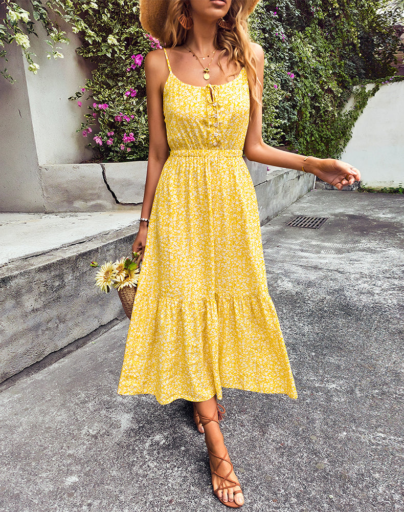 flowersverse Summer Spaghetti Strap Print Dresses For Women Slim Long Lace Up Button Floral Dress Female Sexy Backless