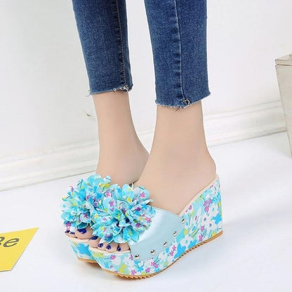 flowersverse Women Thick Floral Flower Wedge Sandals High Heel Slipper Sandal Shoes