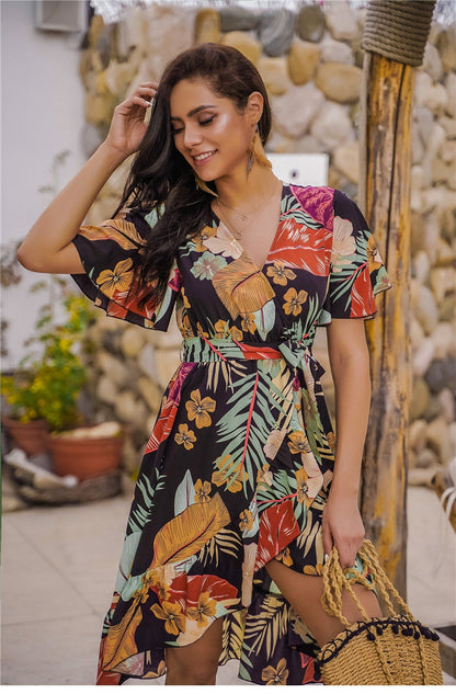 flowersverse Spring Summer Floral Dress Women V Neck Butterfly Sleeve High Waist Print Knee Length Asymmetrical Dresses Ladies