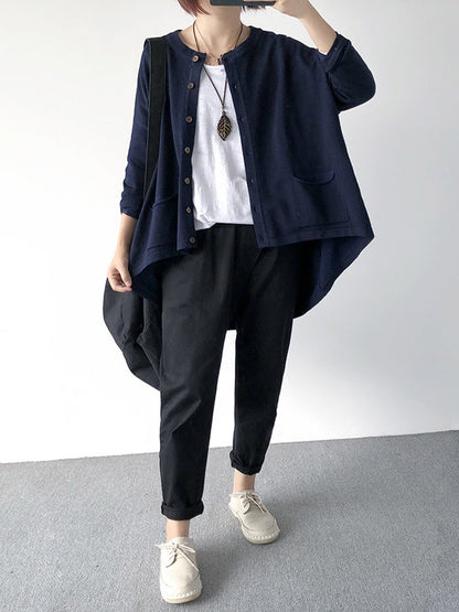 flowersverse Casual Loose Buttoned 8 Colors High-Low Round-Neck Long Sleeves Cardigan Tops