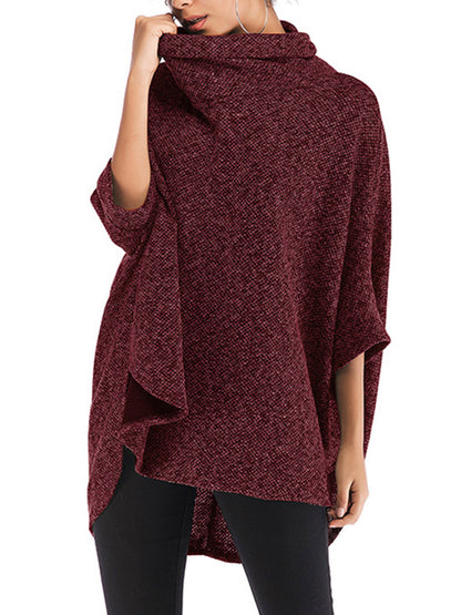 flowersverse Solid Color Batwing Sleeves High-Low High Neck Sweater Tops Pullovers Knitwear