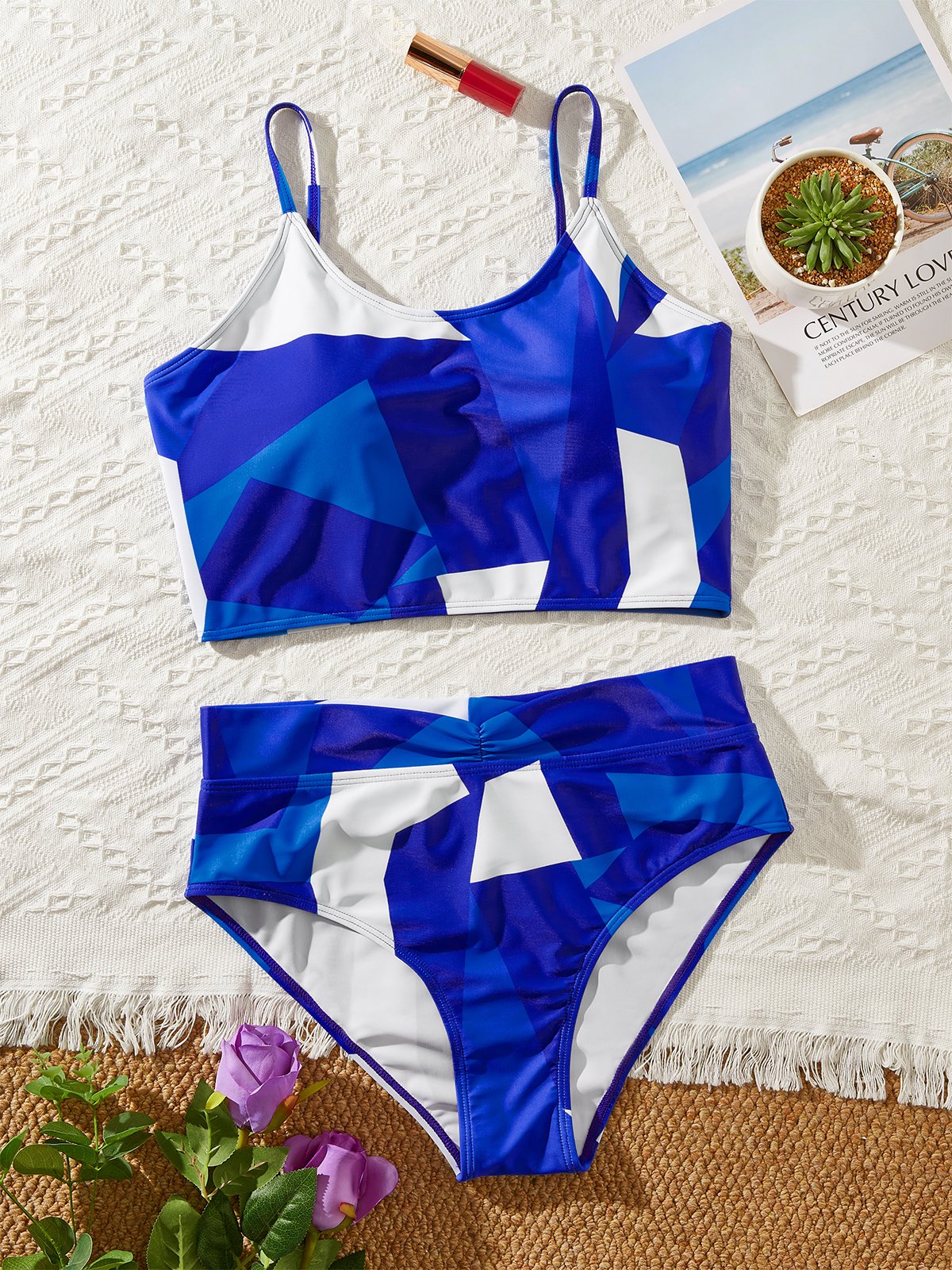 flowersverse Casual Colorblock Printing Scoop Neck Bikinis Two-Piece Set