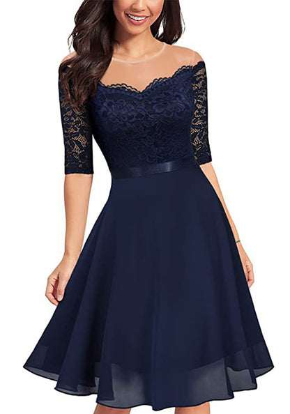 flowersverse Elegant Evening Dress Off Shoulder Sexy Half-Sleeve Lace Patchwork Chiffon Dress