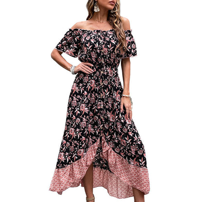 flowersverse Midi Floral Print Slip-Neck Black Dress