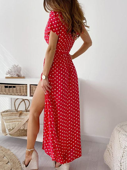 flowersverse Women's Chiffon Dress Maxi Long Dress White Blue Red Navy Blue Short Sleeve Polka Dot Summer V Neck Sexy Boho S M L XL XXL