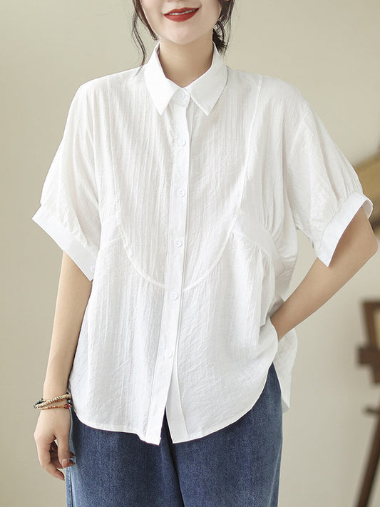 flowersverse Pleated Solid Color Split-Joint Half Sleeves Loose Lapel Blouses&Shirts Tops