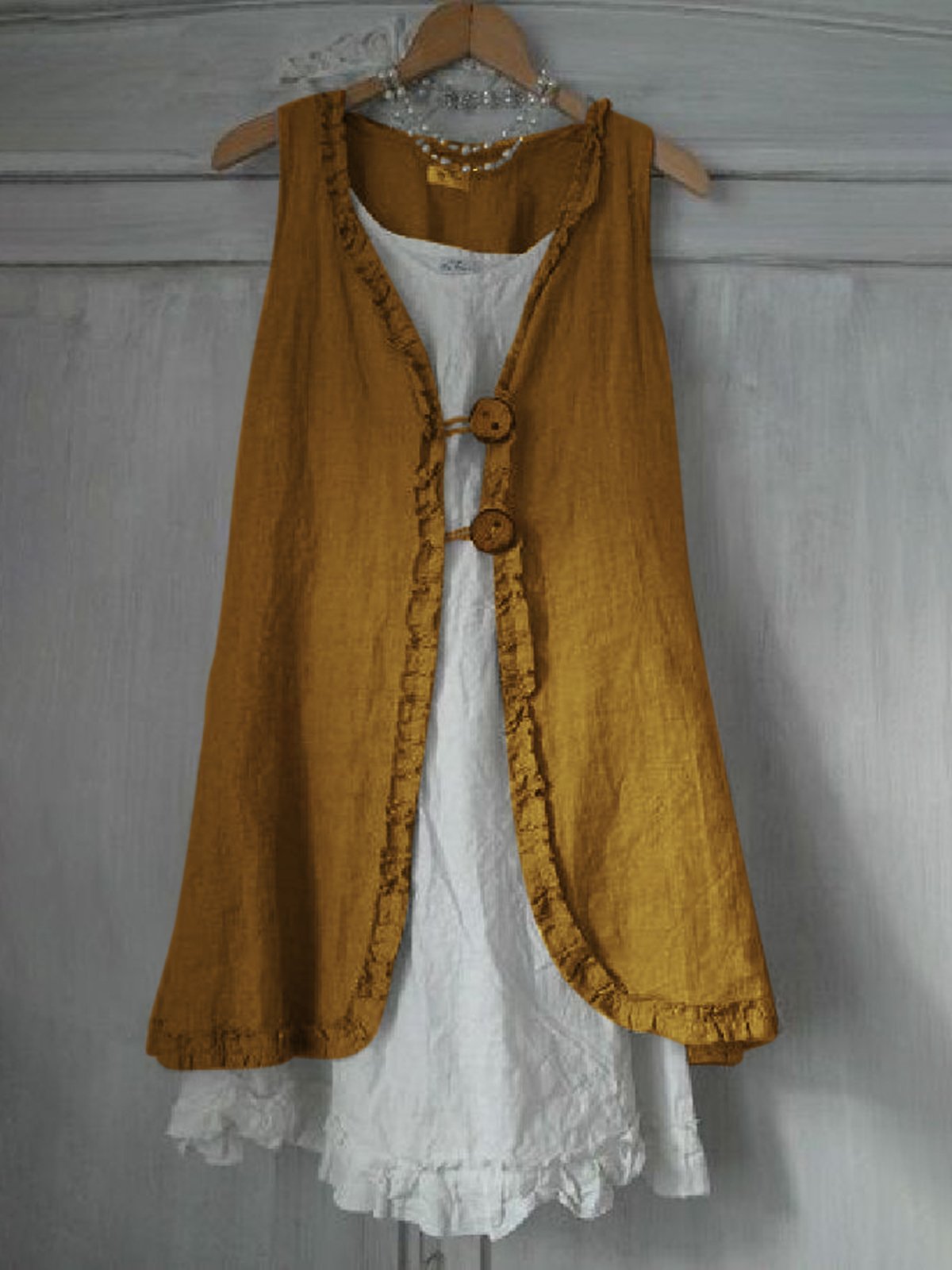 flowersverse Buttoned Ruffled Sleeveless Linen Solid Shirts & Tops Linen