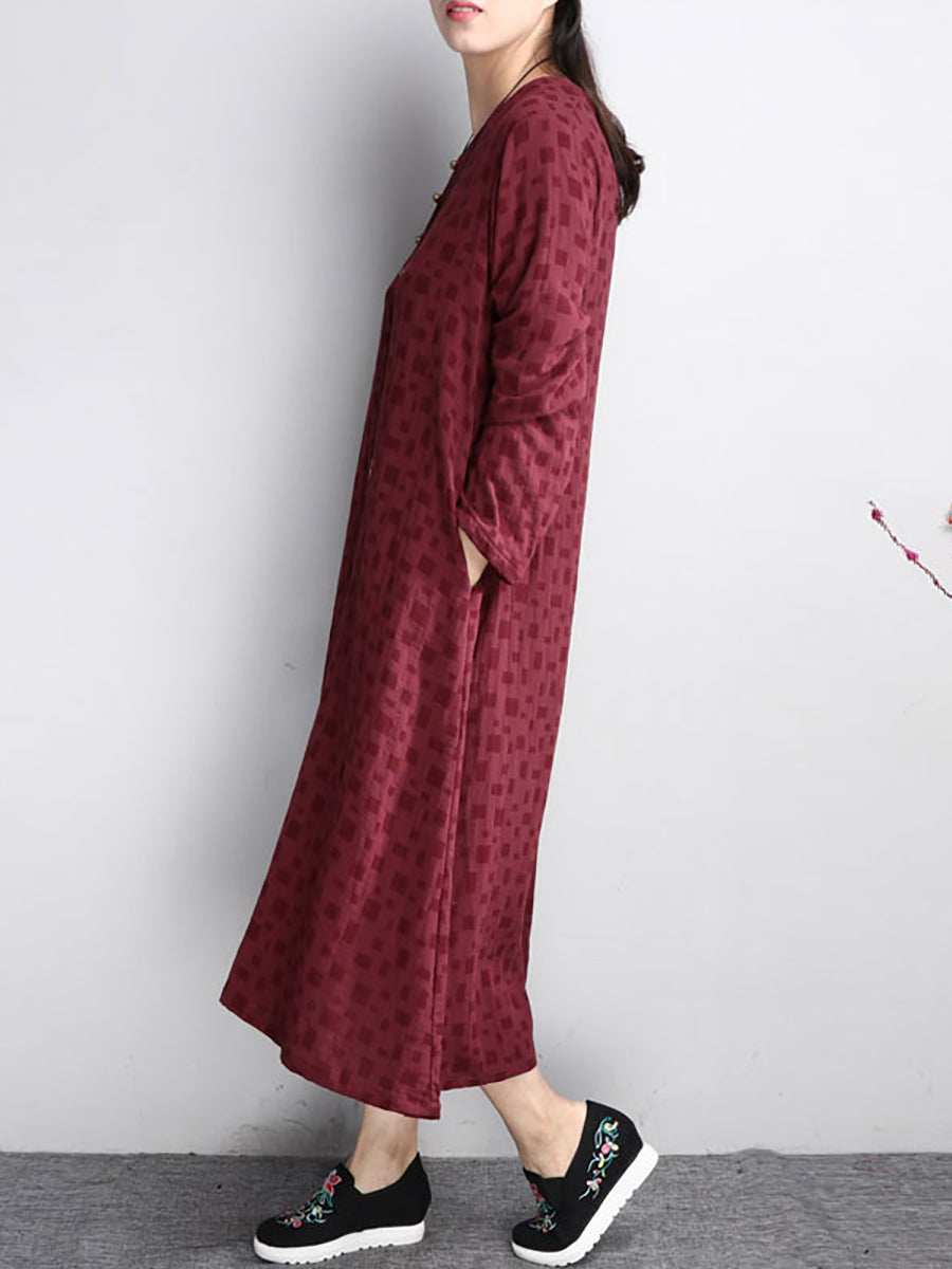 flowersverse Plus Size Women Retro Chic Buttons Long Sleeves Wine Red Dress