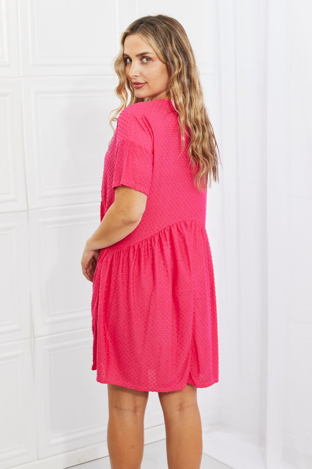 flowersverse BOMBOM Another Day Swiss Dot Casual Dress in Fuchsia