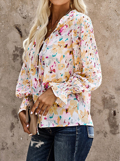 flowersverse Buttoned Elasticity Hollow Printed Tied Flared Sleeves Long Sleeves V-Neck Blouses&Shirts Tops