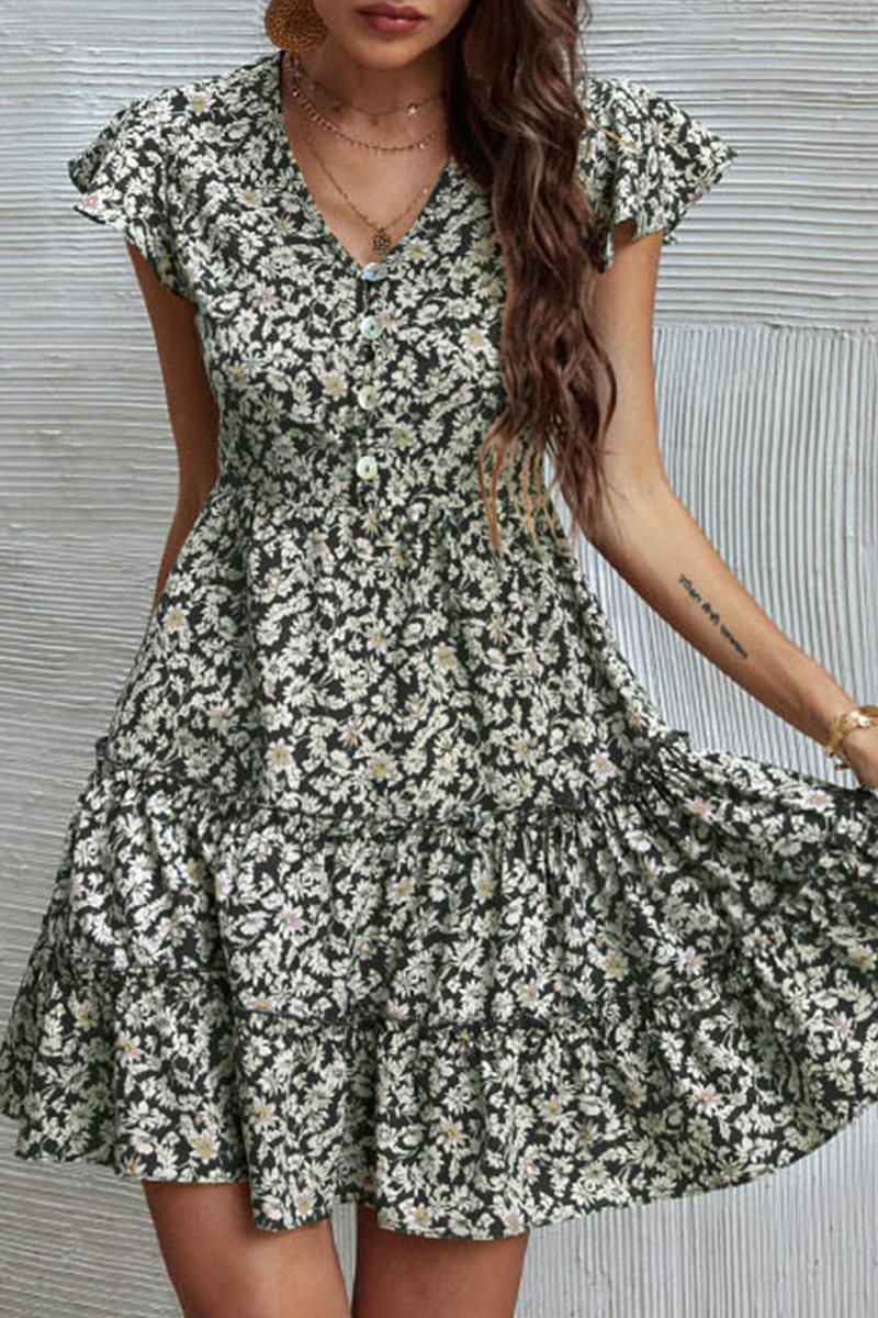 flowersverse Fashion Elegant Floral Buckle Flounce V Neck A Line Dresses