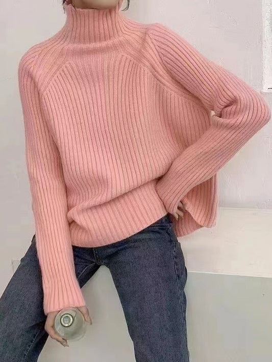 flowersverse Casual Long Sleeves Loose Solid Color High-Neck Sweater Tops