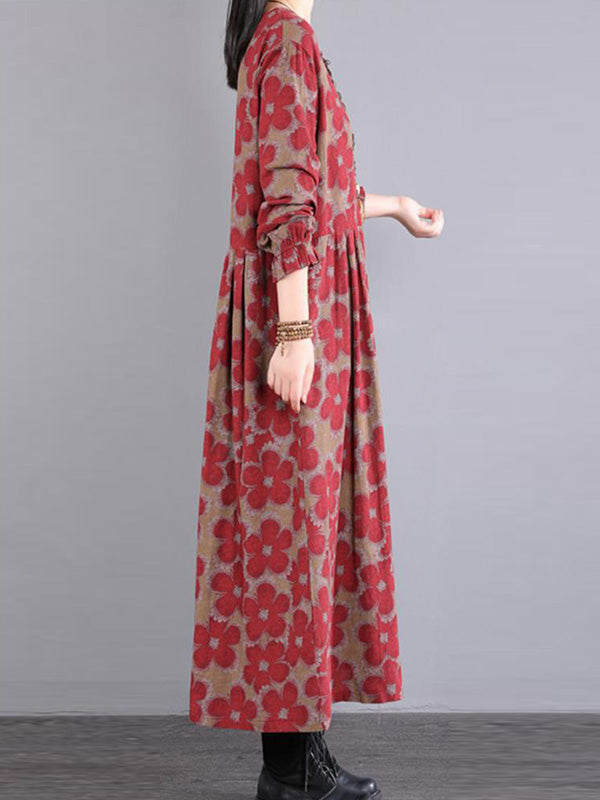 flowersverse Casual Long Sleeves Loose Floral Printed Round-Neck Midi Dresses