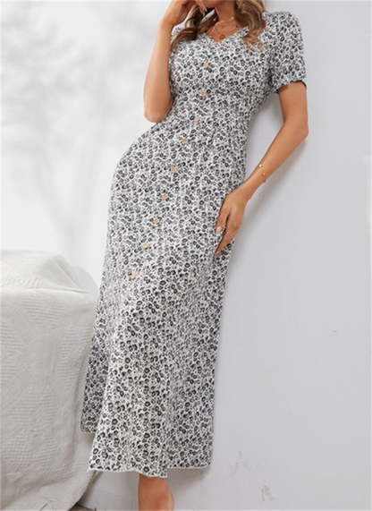 flowersverse Floral V-Neck Slit Ladies Polyester Dress