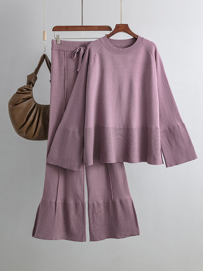 flowersverse Casual Long Sleeves Loose Solid Color Round-Neck Sweater Tops & Wide Leg Pants Two Pieces Set