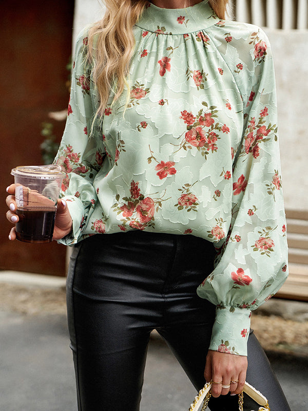 flowersverse Flower Print Tied Long Sleeves Loose Mock Neck Blouses&Shirts Tops