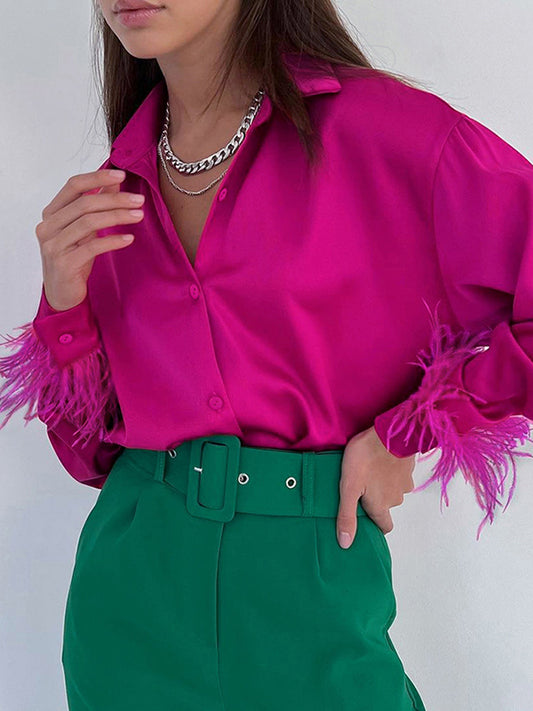 flowersverse Loose Wrap Feathers Solid Color Split-Joint Lapel Collar Blouses&Shirts Tops
