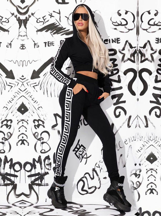 flowersverse Printing Hooded Zipper Jacket&High-Waisted Leggings Suits