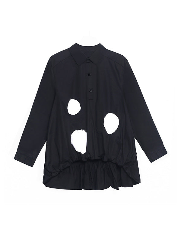 flowersverse Simple High-Low Black White Polk Dot Printed Blouse