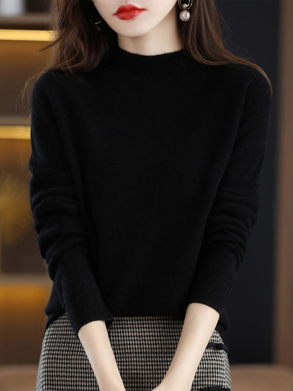 flowersverse Casual Long Sleeves Solid Color Half Turtleneck Sweater Tops