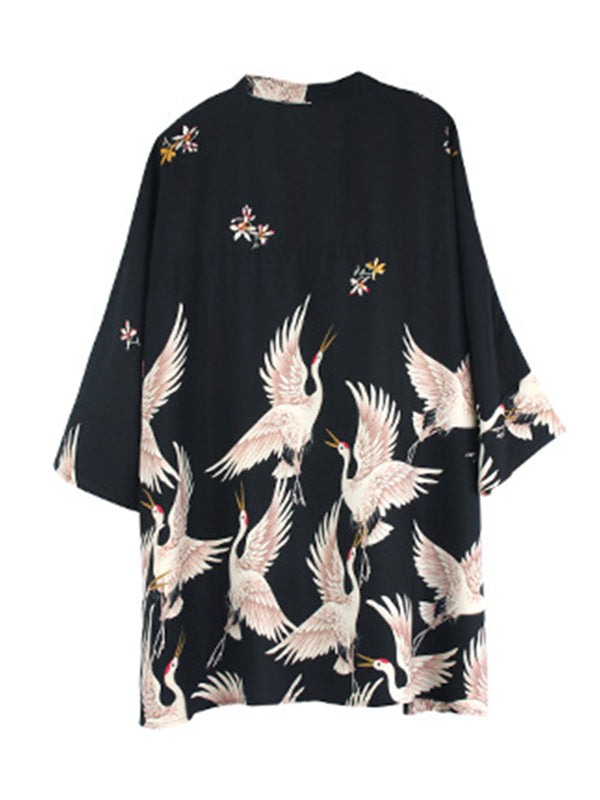 flowersverse Original Crane Printed Buttoned Stand Collar Half Sleeves Blouse