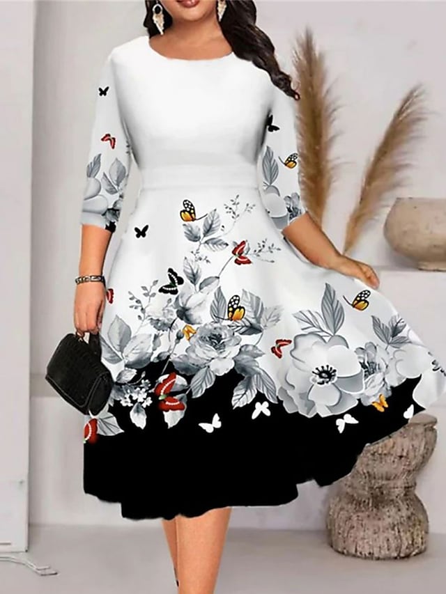 flowersverse Women's Plus Size Work Dress A Line Dress Leaf Floral Midi Dress Half Sleeve Print Crew Neck Elegant Office Black White Spring Summer XL XXL 3XL 4XL 5XL