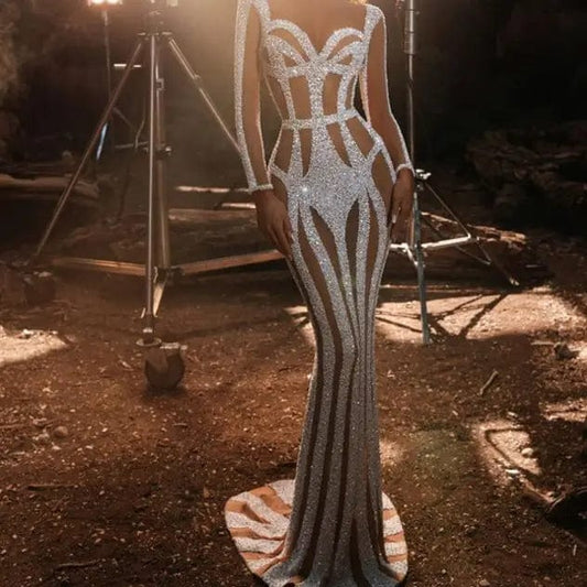 flowersverse Women's Sprinkled Gold Banquet Dress Package Hip Fishtail Evening Dress