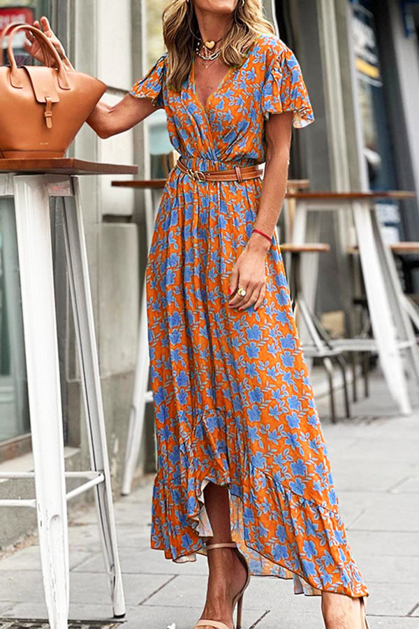 flowersverse Joyful Living Floral Ruffle High Low Midi Dress