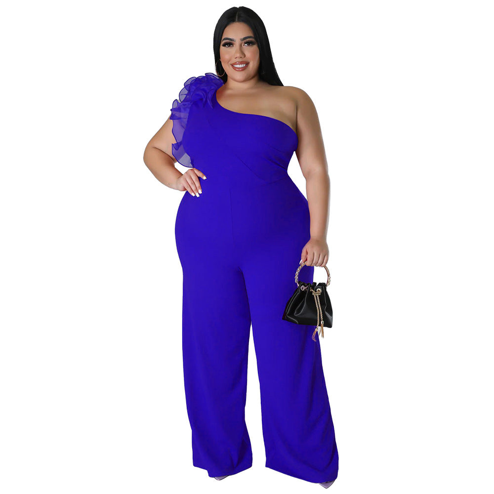 flowersverse Plus Size Ladies One Shoulder Mesh Wide Leg Pants