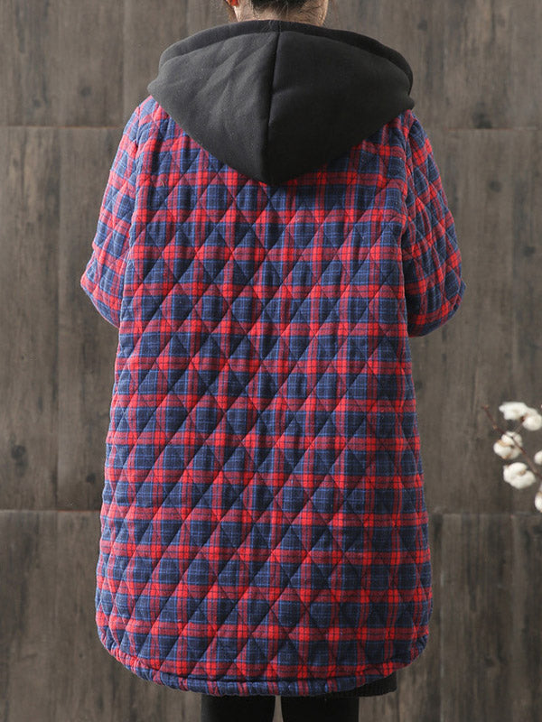 flowersverse Vintage Loose Plaid Quilted Hooded Padded Coat