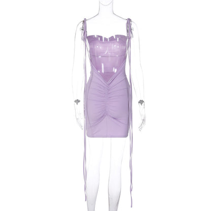 flowersverse Women Summer Sexy Backless Ruched Tie Bodycon Dress