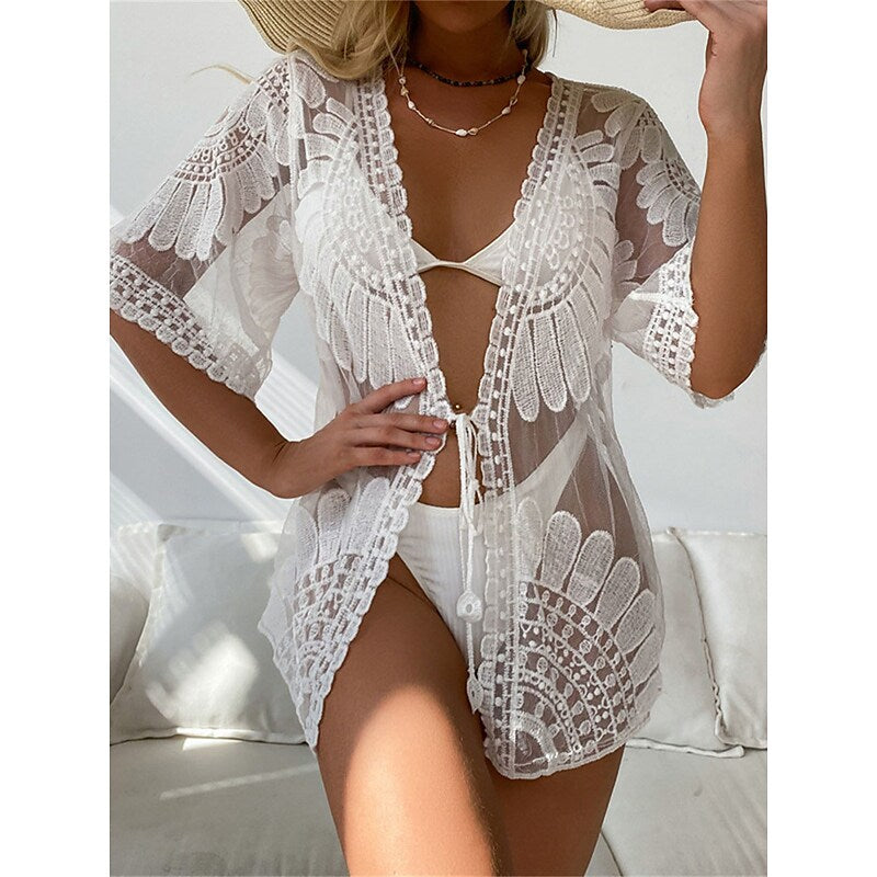 flowersverse Women's Cover Up Beach Dress Beach Wear Mini Dress Hole Fashion Casual Plain V Neck Long Sleeve Loose Fit Outdoor Daily White  Spring Summer One Size