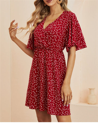 flowersverse Spring Summer Chiffon Dress Women V-Neck Love Dot Print Short Dresses Sweet Ruffle Sleeve Slim Ladies Drawstring Dress