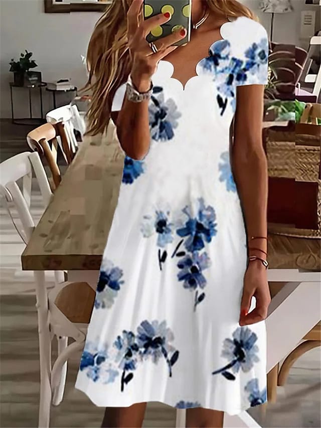 flowersverse Women's Casual Dress Shift Dress Midi Dress White Navy Blue Blue Short Sleeve Floral Print Spring Summer V Neck Vacation  S M L XL XXL 3XL